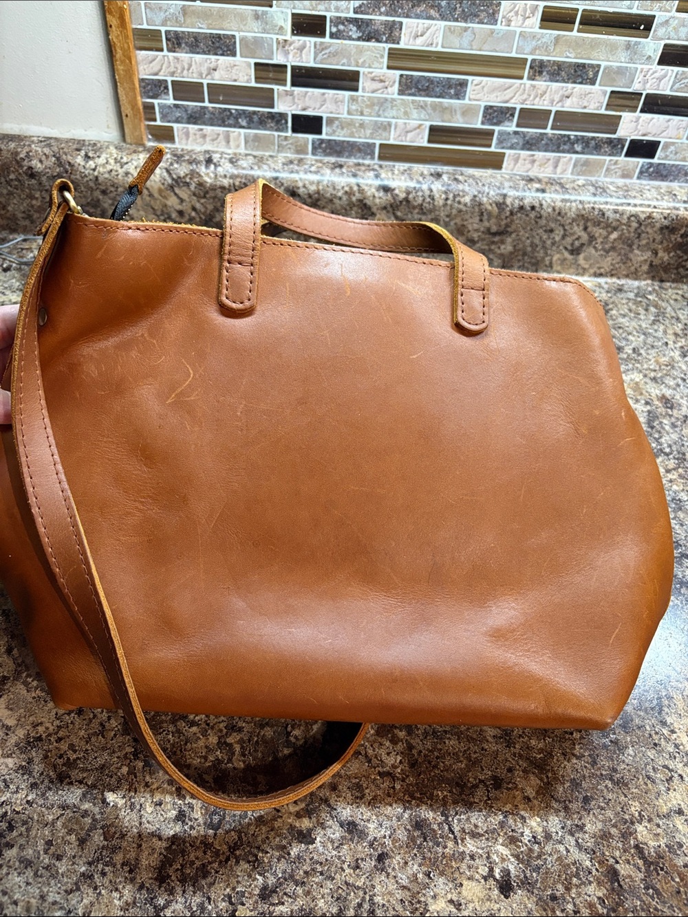 Portland Leather Cognac Brown Leather medium crossbody Tote with zipper - Picture 3 of 5